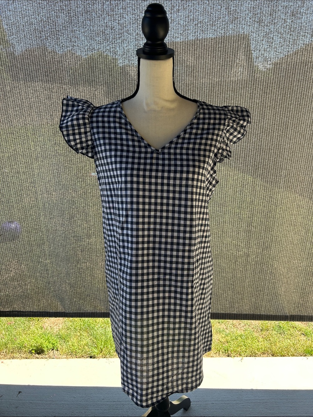 Blue & White Gingham Mini Dress with Ruffle Cap Sleeves